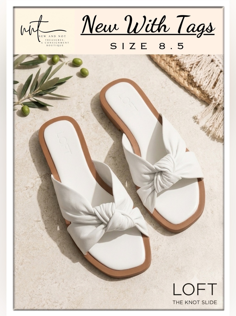LOFT White Leather Bow Slide Sandals – Size 8.5 – NWT